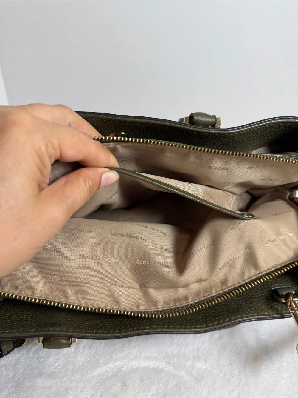 Michael Kors Olive Pebbled Leather Satchel with Gold-Tone Hardware